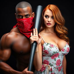 A dynamic close-up torso shot featuring a muscular African American man wearing a red bandana mask over his face, holding a large black baseball bat