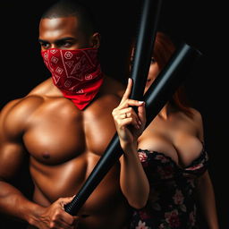 A dynamic close-up torso shot featuring a muscular African American man wearing a red bandana mask over his face, holding a large black baseball bat