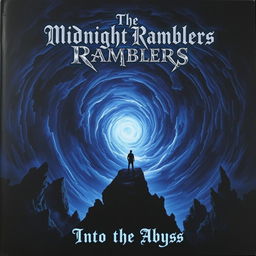 A mesmerizing album cover featuring a dark, swirling abyss as the background, with deep blues and blacks that create a sense of depth and mystery