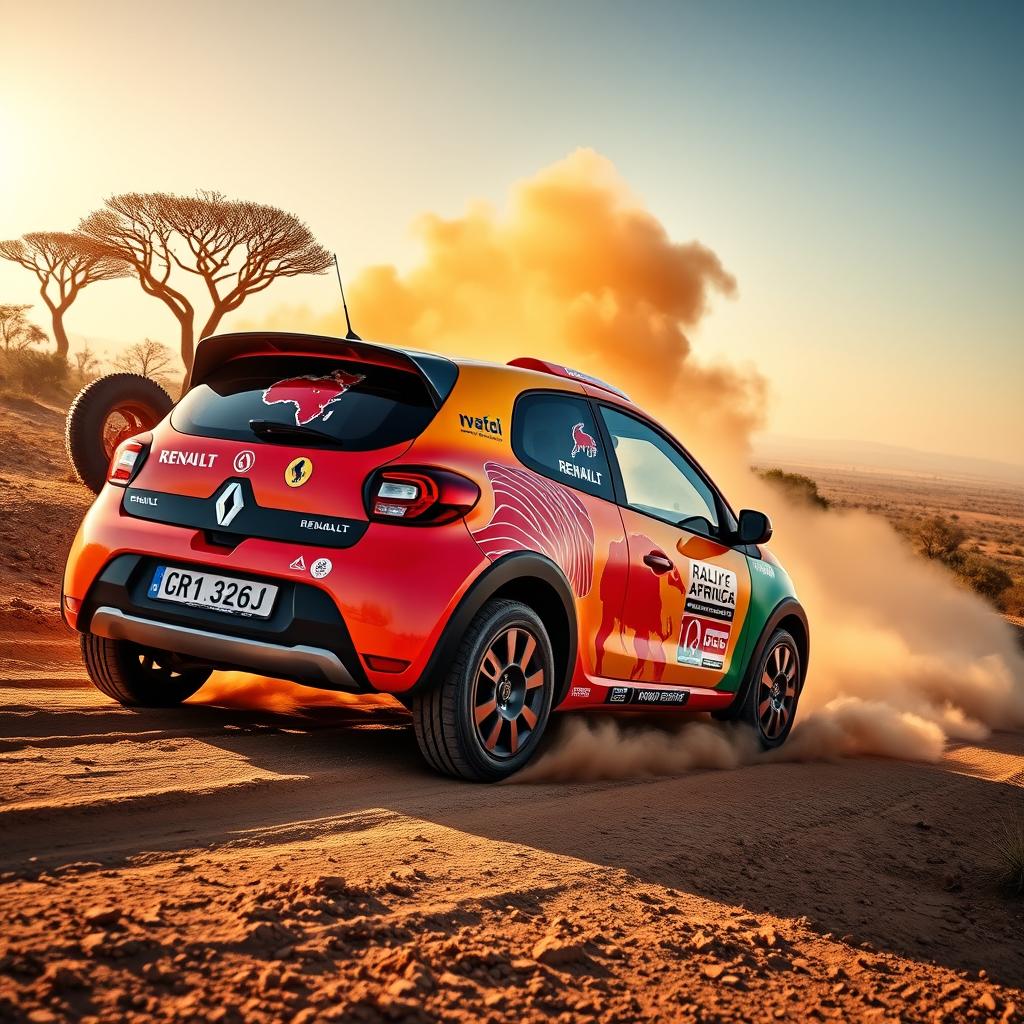 A vibrant Renault Twingo customized for the Rallye Africa, featuring an adventurous and dynamic rally-inspired design