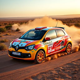 A vibrant Renault Twingo customized for the Rallye Africa, featuring an adventurous and dynamic rally-inspired design