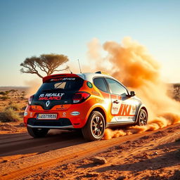 A vibrant Renault Twingo customized for the Rallye Africa, featuring an adventurous and dynamic rally-inspired design