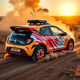 A vibrant Renault Twingo customized for the Rallye Africa, featuring an adventurous and dynamic rally-inspired design