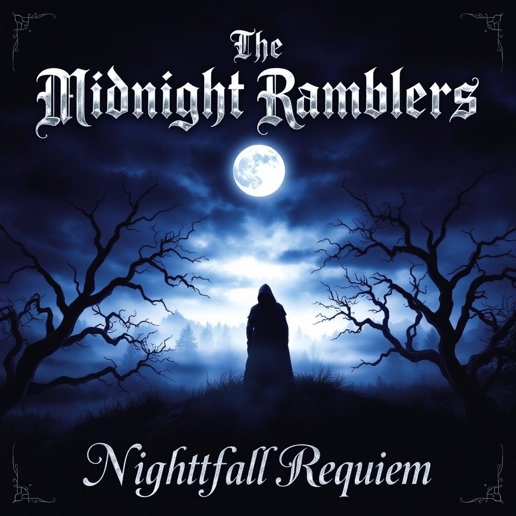 An enchanting album cover featuring a dark, twilight landscape where a haunting moon casts silver light over a misty forest, creating an eerie ambiance