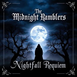 An enchanting album cover featuring a dark, twilight landscape where a haunting moon casts silver light over a misty forest, creating an eerie ambiance