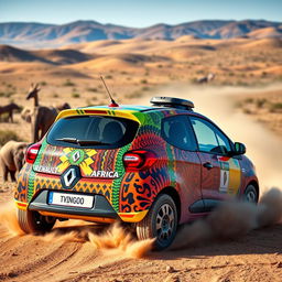 A lively Renault Twingo designed for a fun Rallye Africa experience, showcasing an adventurous spirit