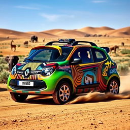 A lively Renault Twingo designed for a fun Rallye Africa experience, showcasing an adventurous spirit