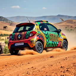 A lively Renault Twingo designed for a fun Rallye Africa experience, showcasing an adventurous spirit