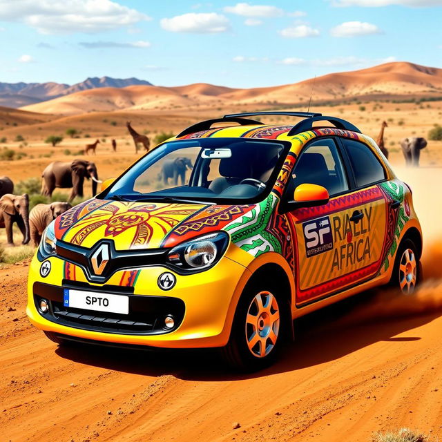 A lively Renault Twingo designed for a fun Rallye Africa experience, showcasing an adventurous spirit