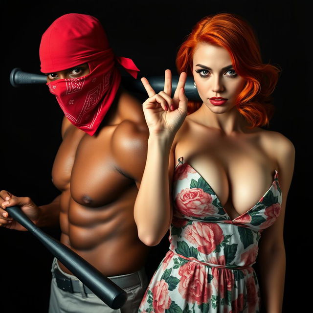 A close-up torso shot of two characters against a black background