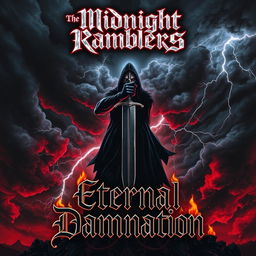 An intense album cover featuring a dark, stormy sky as the background, filled with swirling clouds and flashes of lightning that create an ominous atmosphere