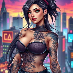 A beautifully designed character with elaborate tattoos and a full bust