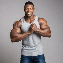 A well-defined, muscular man with a confident posture, subtly flexing his biceps in a casual outfit.