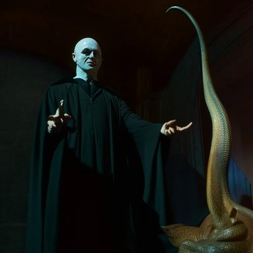 The menacing figure of Voldemort, with pale skin and snake-like slit nostrils, in a long, dark robe, with his wand held out menacingly; and Nagini, his large, sinister serpent coiling nearby, in a dimly lit room.