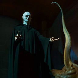 The menacing figure of Voldemort, with pale skin and snake-like slit nostrils, in a long, dark robe, with his wand held out menacingly; and Nagini, his large, sinister serpent coiling nearby, in a dimly lit room.