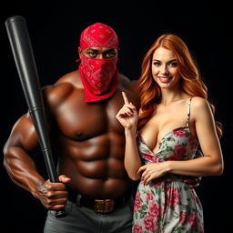 A powerful, muscular African American person wearing a red bandana mask over his face, prominently showcasing his robust chest as he brandishes a large black baseball bat