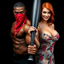 close-up torso shot of two characters, featuring a muscular African American man with a red bandana mask partially covering his face, holding a large black baseball bat