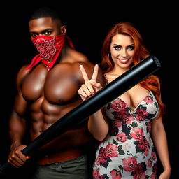 close-up torso shot of two characters, featuring a muscular African American man with a red bandana mask partially covering his face, holding a large black baseball bat