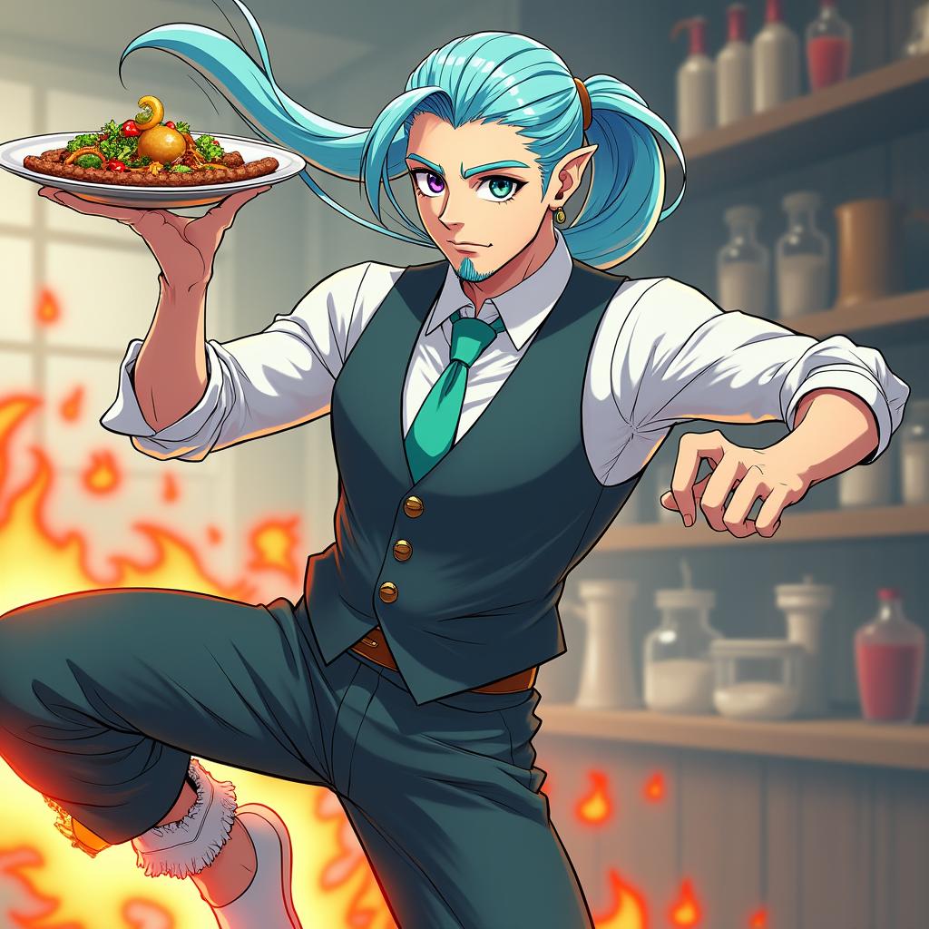 Anime-style depiction of an elven man with pale-blue skin and striking silver-blue hair styled in a long ponytail, featuring a stylish goatee