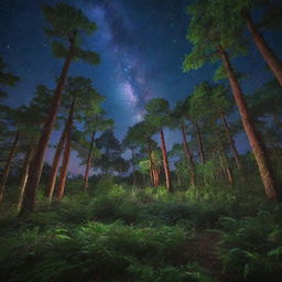 Generate a serene and magical image of a lush, enchanted forest glowing under a vibrant starfilled night sky