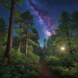 Generate a serene and magical image of a lush, enchanted forest glowing under a vibrant starfilled night sky