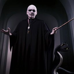 The menacing figure of Voldemort, with pale skin and snake-like slit nostrils, in a long, dark robe, with his wand held out menacingly; and Nagini, his large, sinister serpent coiling nearby, in a dimly lit room.