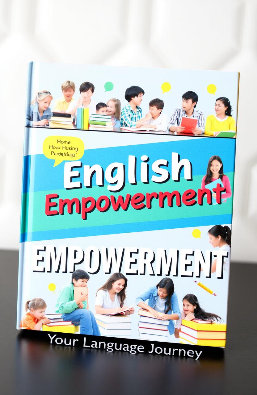 A vibrant and engaging book cover for an English learning book, showcasing diverse learners of different backgrounds and ages engaged in language activities