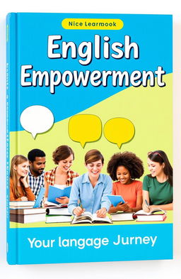 A vibrant and engaging book cover for an English learning book, showcasing diverse learners of different backgrounds and ages engaged in language activities