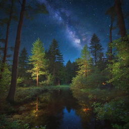 Generate a serene and magical image of a lush, enchanted forest glowing under a vibrant starfilled night sky