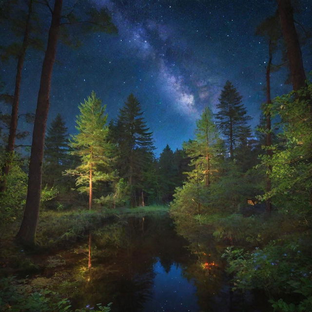 Generate a serene and magical image of a lush, enchanted forest glowing under a vibrant starfilled night sky