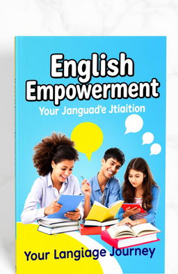 A vibrant and engaging book cover for an English learning book, showcasing diverse learners of different backgrounds and ages engaged in language activities