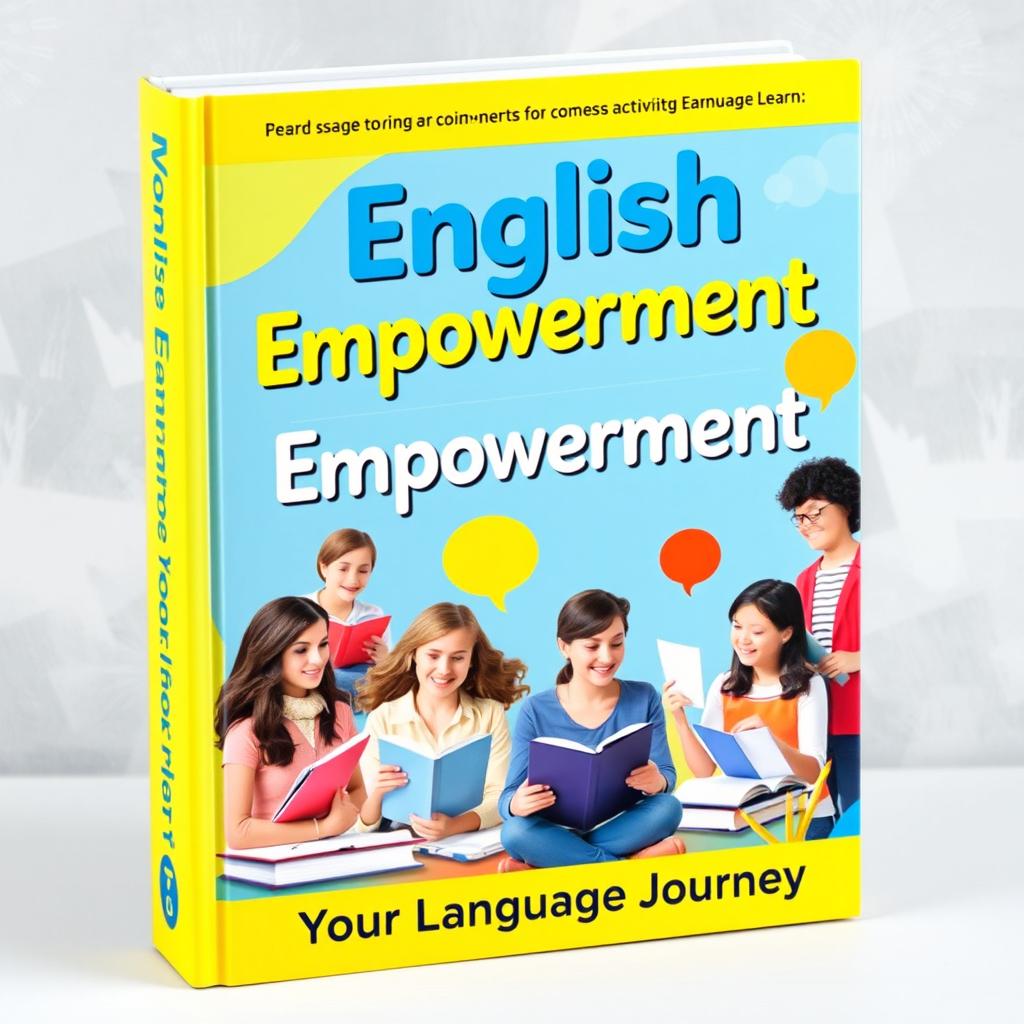 A vibrant and engaging book cover for an English learning book, showcasing diverse learners of different backgrounds and ages engaged in language activities