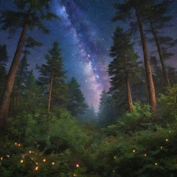 Generate a serene and magical image of a lush, enchanted forest glowing under a vibrant starfilled night sky