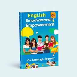 A vibrant and engaging book cover for an English learning book, showcasing diverse learners of different backgrounds and ages engaged in language activities