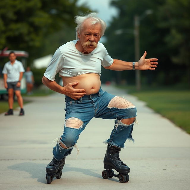 A humorous scene featuring a skinny, thin, small older man with a tiny waist and visible rib cage