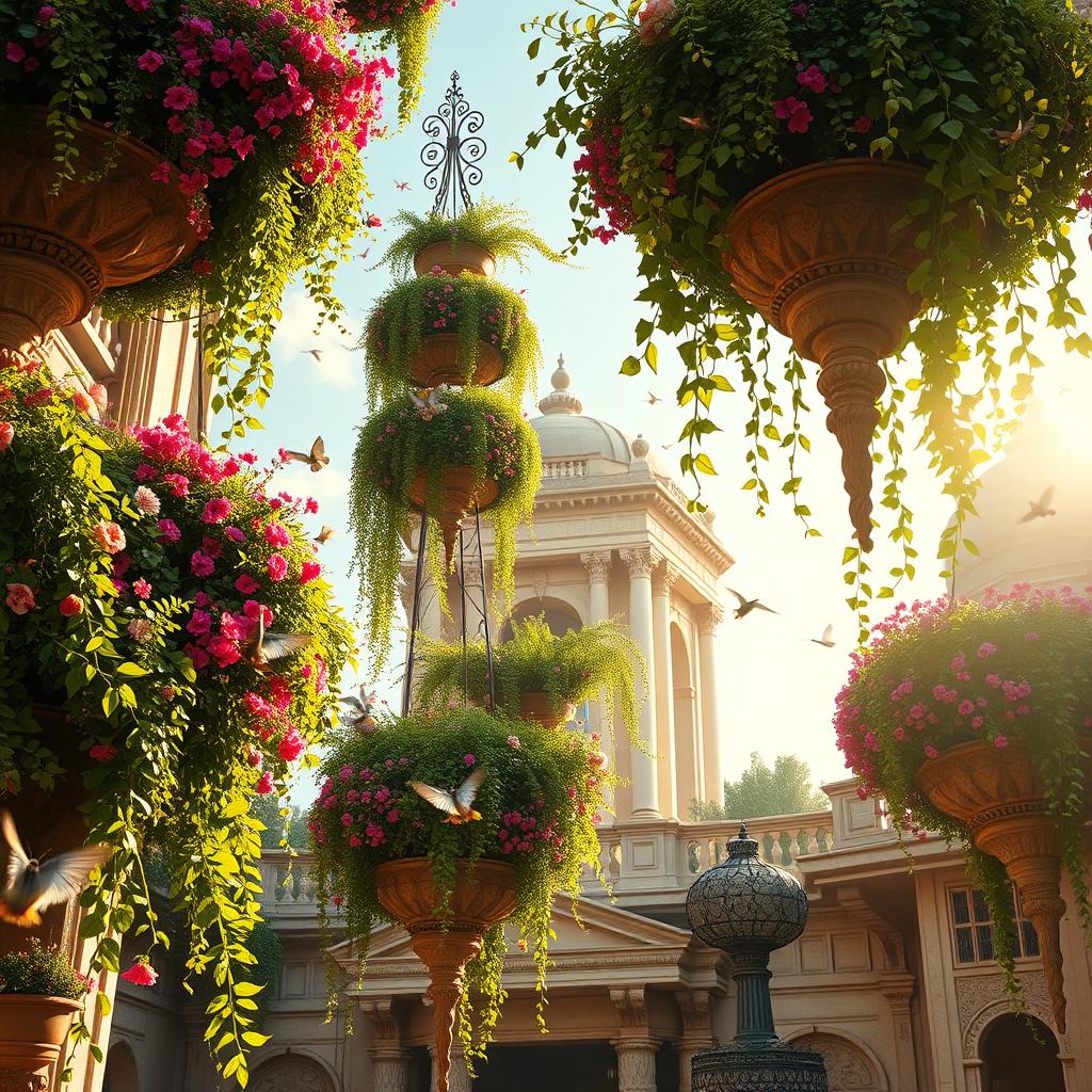 A breathtaking scene of luscious hanging gardens with various tiers of vibrant greenery and colorful flowers cascading from ornate balconies