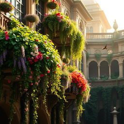 A breathtaking scene of luscious hanging gardens with various tiers of vibrant greenery and colorful flowers cascading from ornate balconies