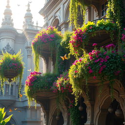 A breathtaking scene of luscious hanging gardens with various tiers of vibrant greenery and colorful flowers cascading from ornate balconies