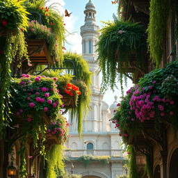 A breathtaking scene of luscious hanging gardens with various tiers of vibrant greenery and colorful flowers cascading from ornate balconies