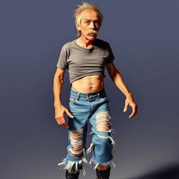 A humorous depiction of a skinny, thin, and small man in his 50s with a tiny waist and visible rib cage