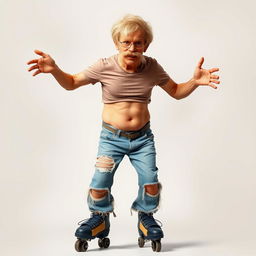 A humorous depiction of a skinny, thin, and small man in his 50s with a tiny waist and visible rib cage