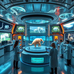 A futuristic laboratory filled with advanced technology where scientists from Colossal Biosciences are working diligently to bring mammoths back to life