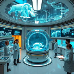 A futuristic laboratory filled with advanced technology where scientists from Colossal Biosciences are working diligently to bring mammoths back to life