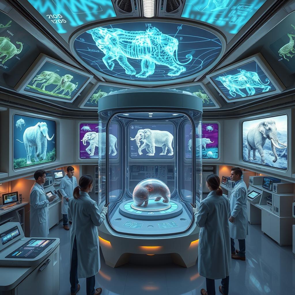 A futuristic laboratory filled with advanced technology where scientists from Colossal Biosciences are working diligently to bring mammoths back to life