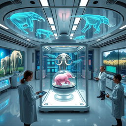 A futuristic laboratory filled with advanced technology where scientists from Colossal Biosciences are working diligently to bring mammoths back to life