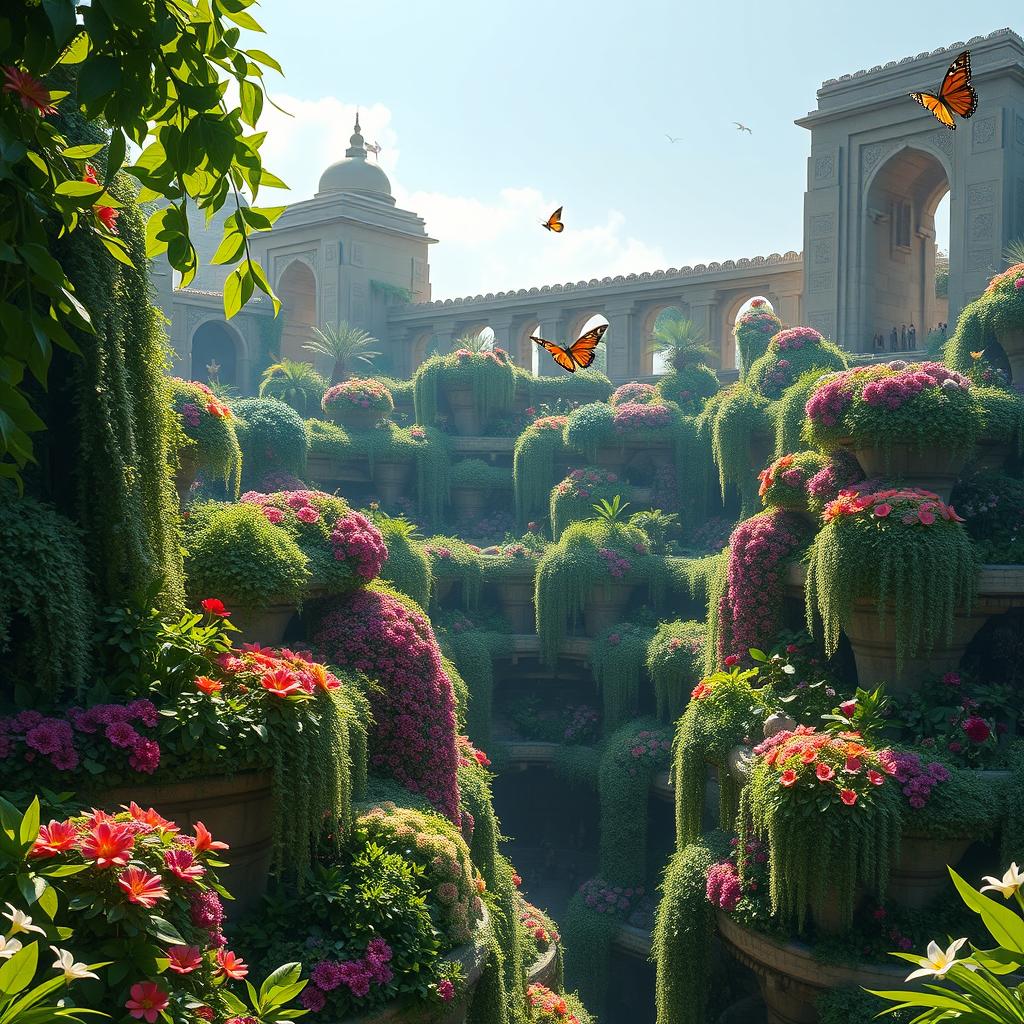 A stunning representation of the Hanging Gardens of Babylon, showcasing lush greenery and vibrant flowers cascading from multi-tiered terraces