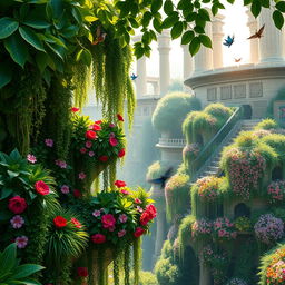 A stunning representation of the Hanging Gardens of Babylon, showcasing lush greenery and vibrant flowers cascading from multi-tiered terraces