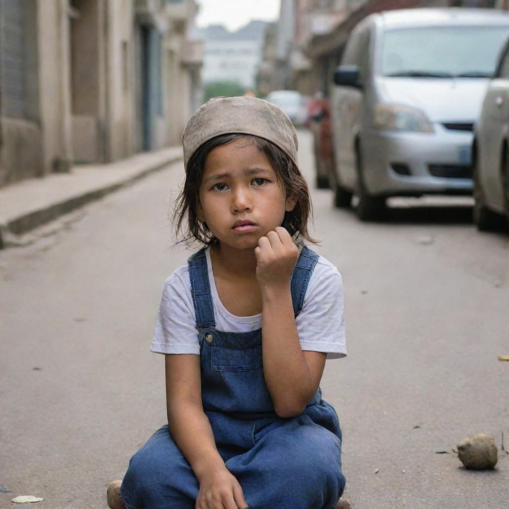 A young girl sitting on an urban street, holding out a small, worn-out cap, looking hopeful yet sad as she asks for alms.