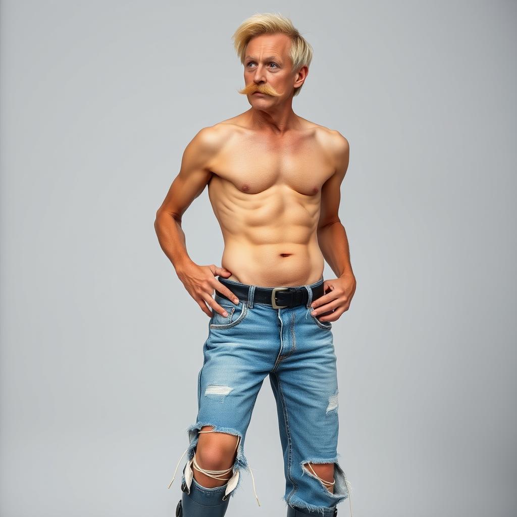 A humorous and eccentric portrayal of a skinny, thin, muscular man in his 50s with a tiny waist and defined rib cage