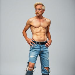 A humorous and eccentric portrayal of a skinny, thin, muscular man in his 50s with a tiny waist and defined rib cage